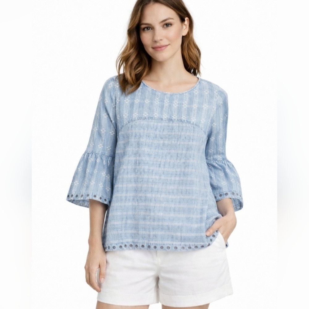 John Mark Women’s Blue Striped Floral Tunic Top Size Medium Grommet Bell Sleeve